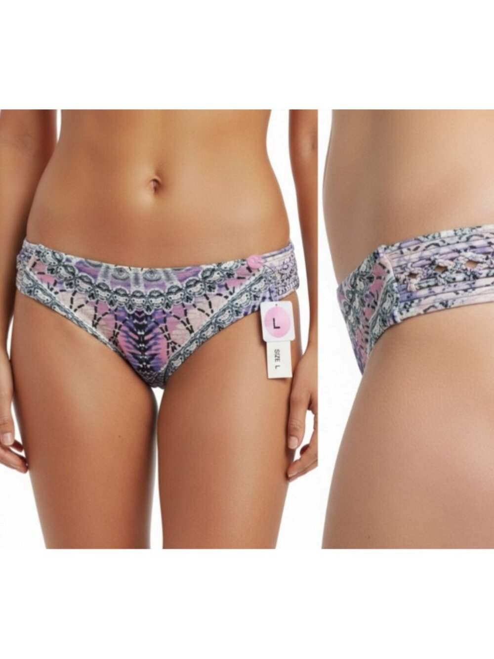 Raisins Tulum Shores Printed Macrame Dusty Blue Women Bikini Swim Bottom L NWT